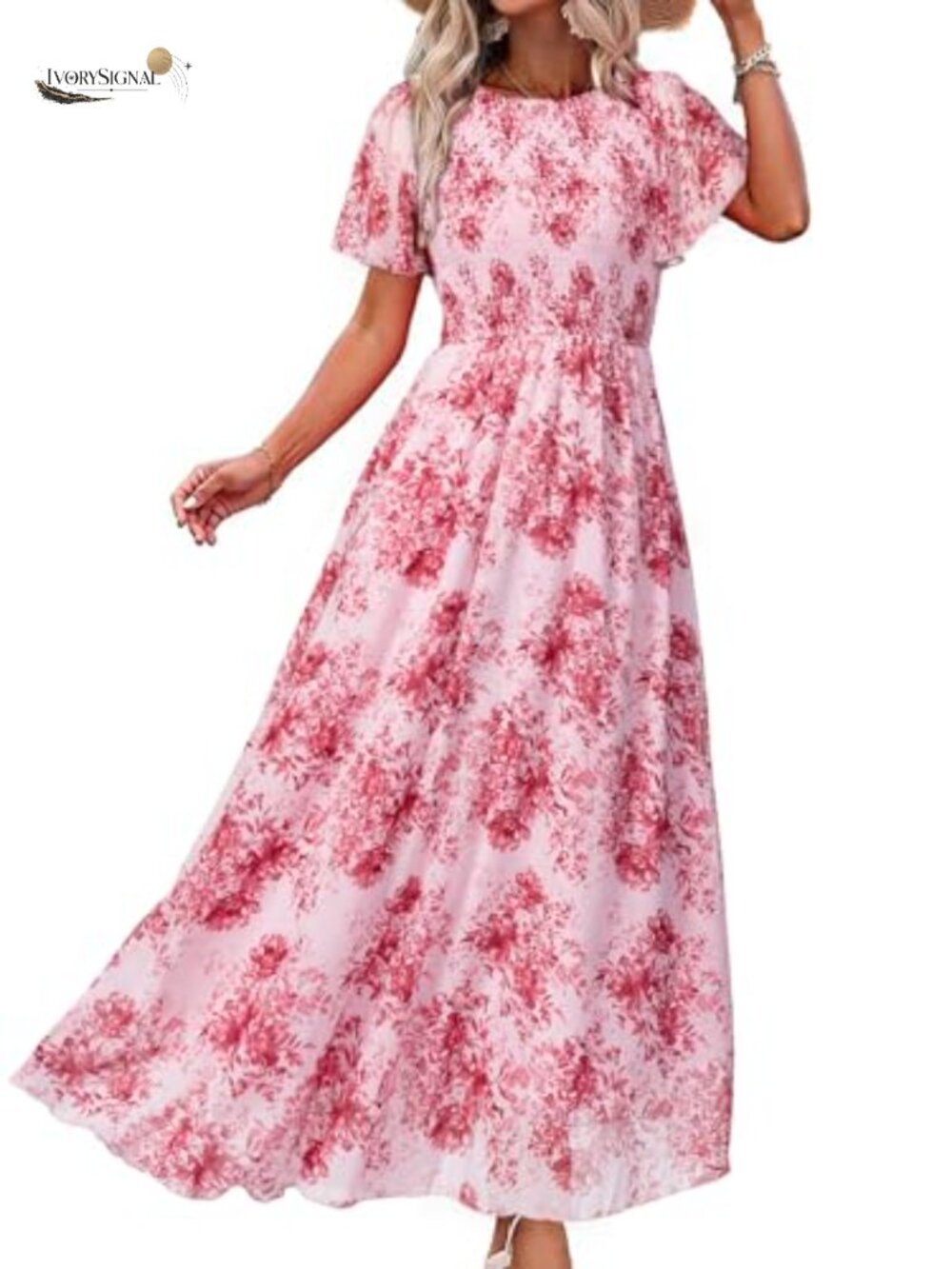 Womens Floral Chiffon Smocked Flutter Sleeve Maxi Dress Wedding Guest